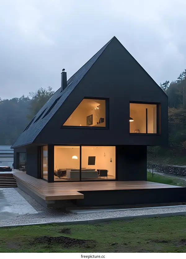 Modern Black House with Geometric Windows