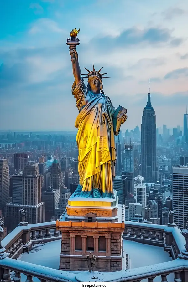 Statue of Liberty in New York City with Manhattan skyline in the background