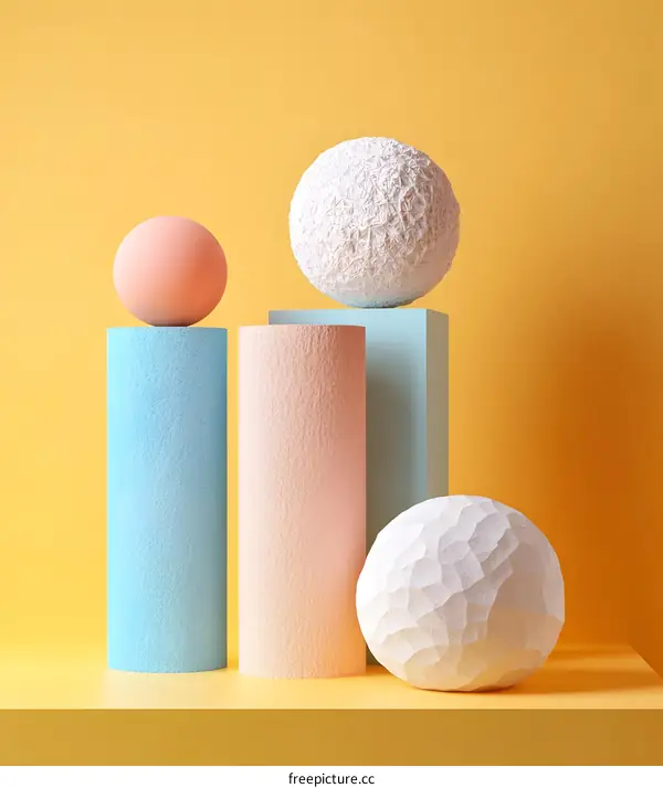 Abstract 3D Rendering of White and Pink Spheres on Colorful Cylinders