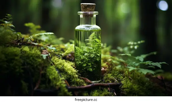 A small glass bottle containing a terrarium sits on a bed of moss and ferns in a lush green forest.
