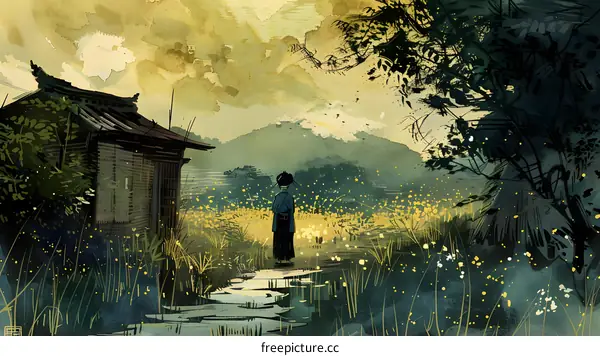 Woman in Traditional Japanese Clothing Standing in Field of Yellow Flowers