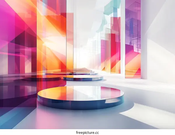 Modern geometric podiums in the bright interior of the exhibition hall