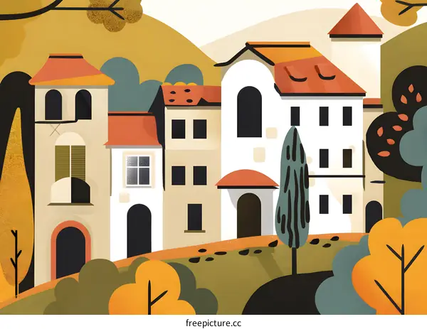 Autumn Illustration of Houses in a Village