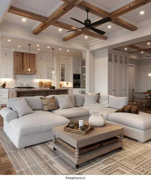 Modern Farmhouse Living Room With Sectional Sofa And Ceiling Beams