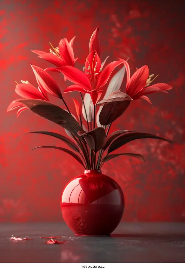 Red Lilies in a Red Vase. Still Life Art Illustration