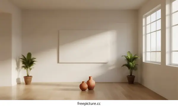 Minimalist empty room with plants and vases for modern interior design