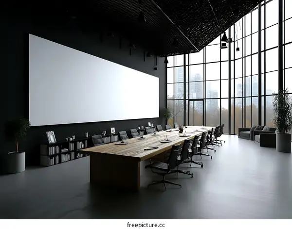 Modern Conference Room with Large Blank Screen