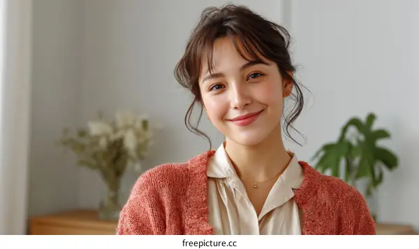 Smiling Asian Woman Portrait in a Cozy Setting