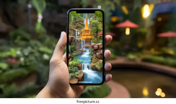 A hand holding a smartphone with a picture of a waterfall on the screen