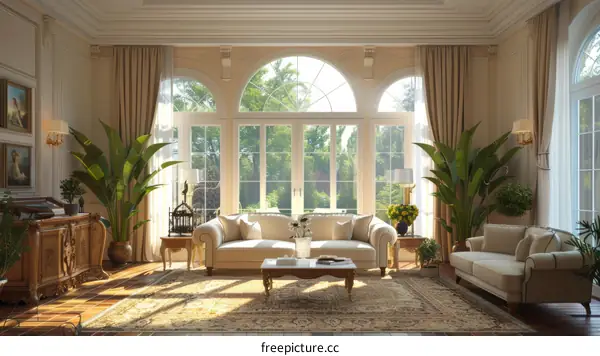 Sunlit Living Room With Arched Windows