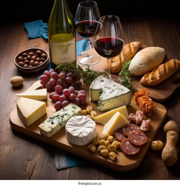 Red and white wine with cheese and grapes