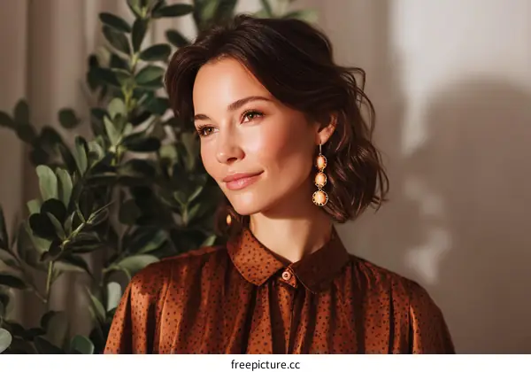 Elegant Woman in a Stylish Brown Shirt