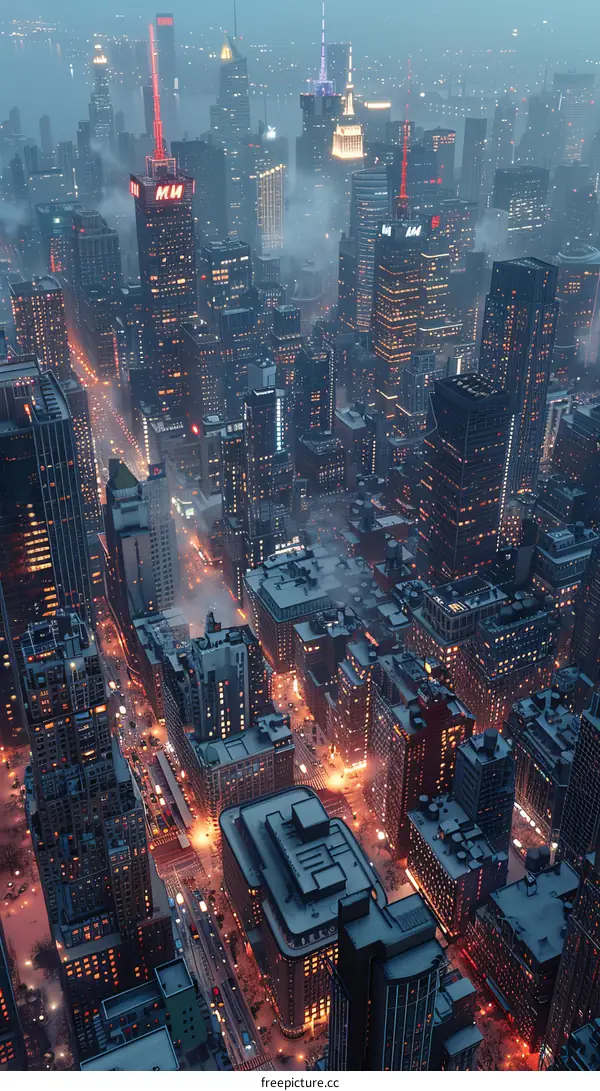 Night City Aerial View Covered in Snow