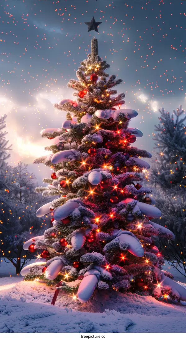 Ornamented Christmas Tree in front of Fireplace with Gifts