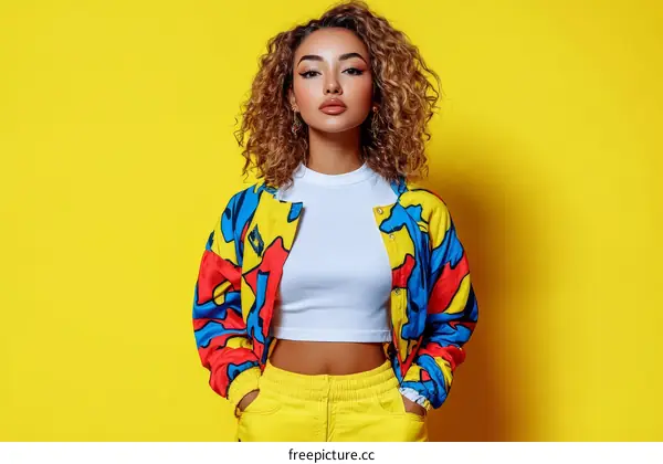 Stylish Black Woman in Vibrant 90s Inspired Jacket