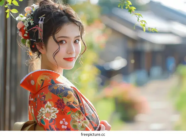 Portrait of a beautiful woman in a kimono