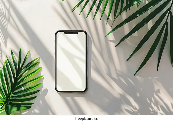 White Background With Palm Leaves and Phone