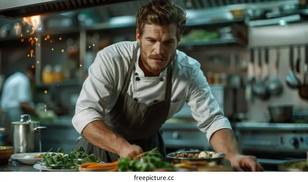 Focused male chef in white uniform cooking in restaurant kitchen