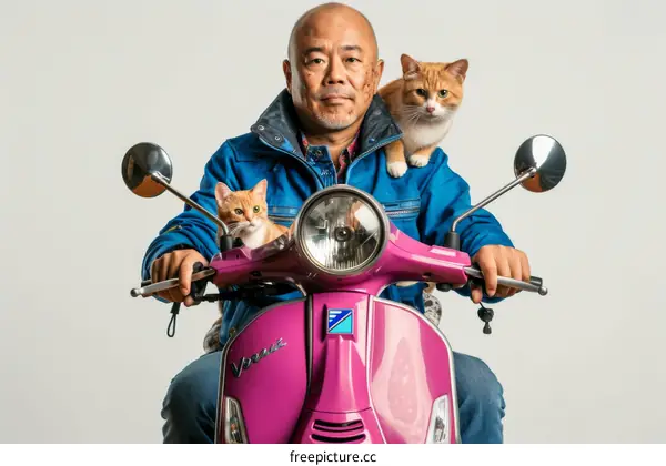 A Man with Two Cats on a Pink Scooter