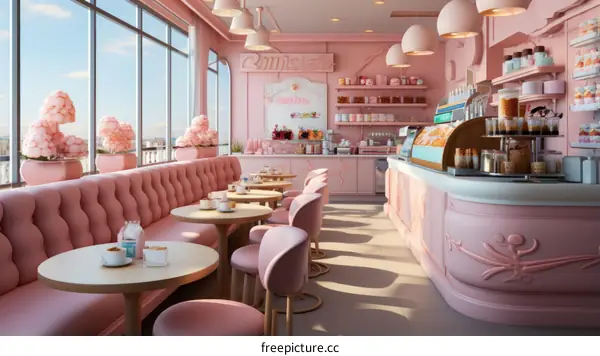 Pink and white pastel color scheme cafe interior design