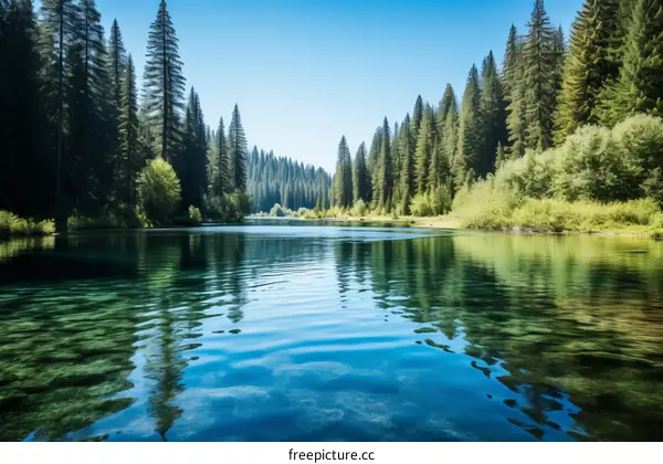 The river flows through the lush green forest