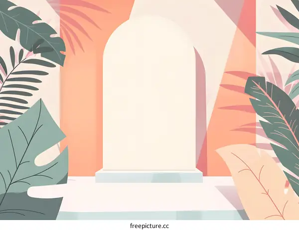 Tropical Leaves Background with White Arch and Platform