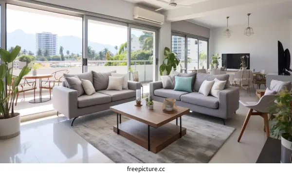 Modern living room interior with large windows and a view of the city