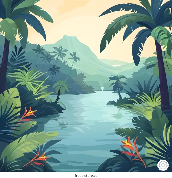 Tropical Jungle Landscape with River and Waterfall