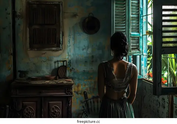 girl in traditional chinese dress standing by the window