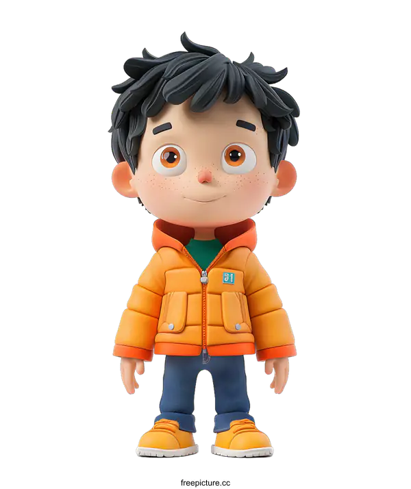 [Transparent Background PNG]Cute Cartoon Boy in Orange Jacket Standing on White Background