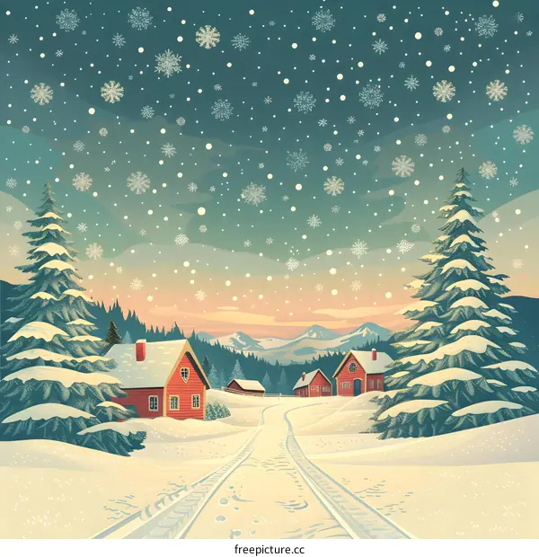 Snowy village landscape with red houses and snowy trees