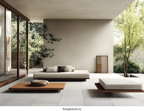 Modern Minimalist Patio Design With Wooden Furniture and Green Plants