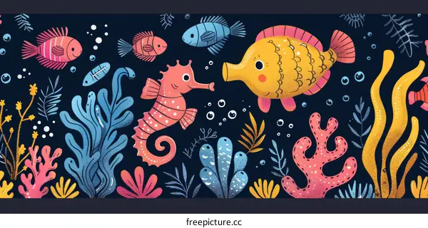 Underwater scene with cute cartoon fish, seahorse, coral, and seaweed