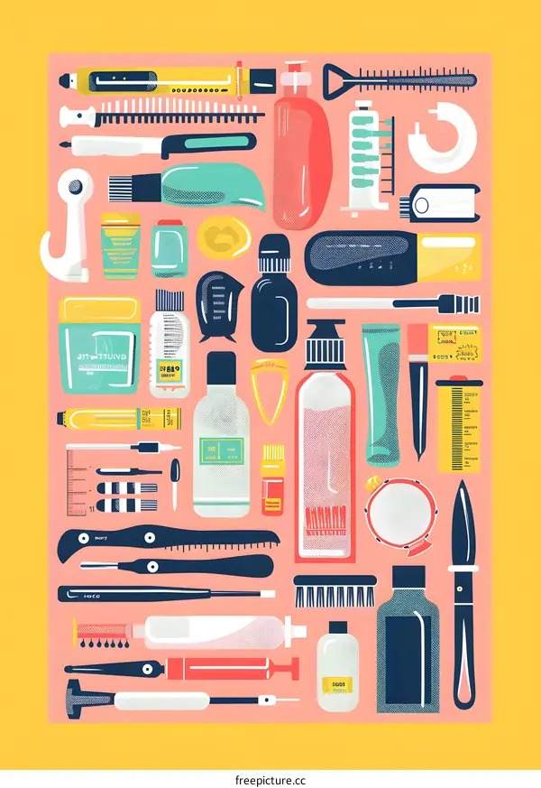 Colorful Illustration of a Collection of Grooming Tools and Products