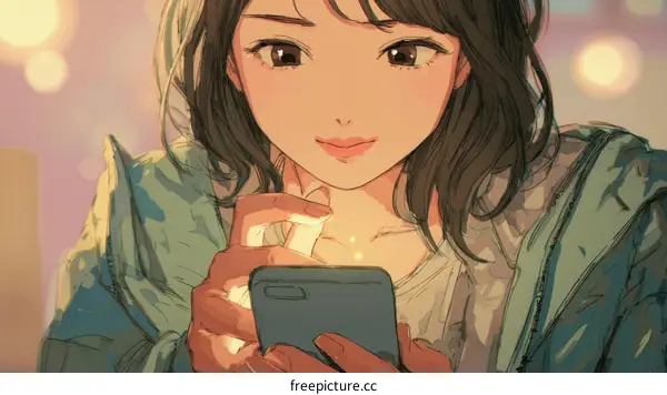 Woman Focused on Smartphone Illustration