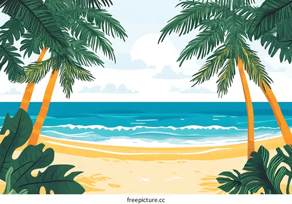 Tropical Beach Landscape Illustration With Palm Trees