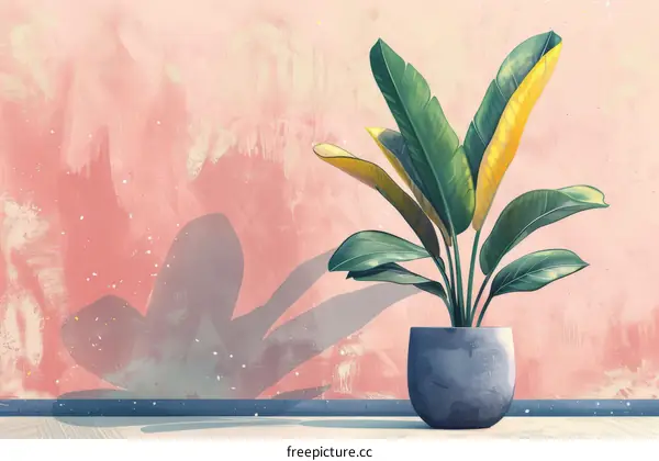 A potted plant sits in front of a pink wall