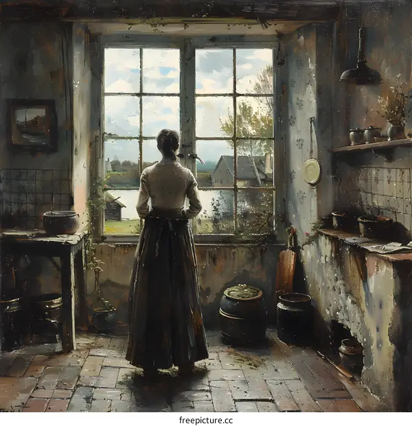 Woman Looking Out Window in Rustic Kitchen