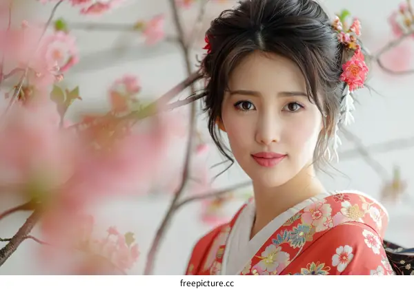 Portrait of a beautiful Japanese woman in traditional kimono with pink cherry blossoms