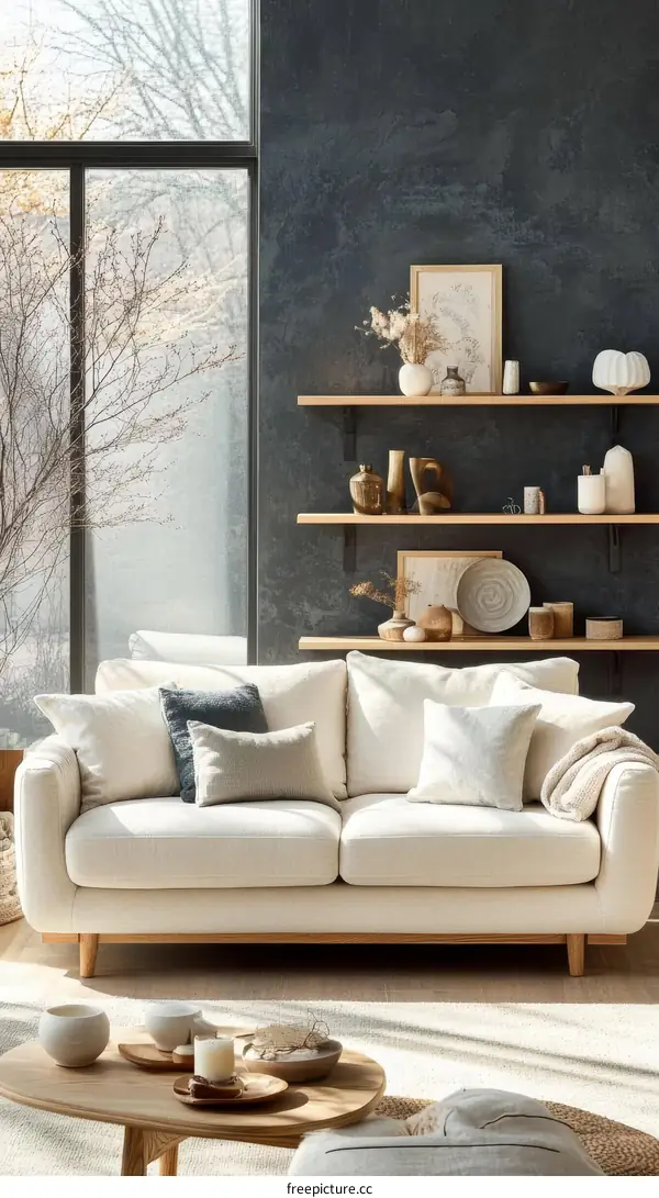 Modern Minimalist Living Room with Natural Wooden Sofa