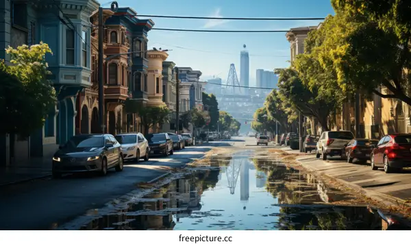 A wide street with a puddle reflecting the sky and buildings