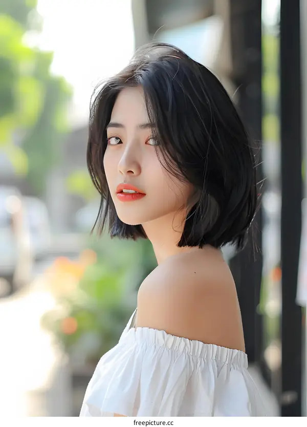 Young Asian Woman with Short Black Hair Wearing a White Off the Shoulder Top Looking at the Camera