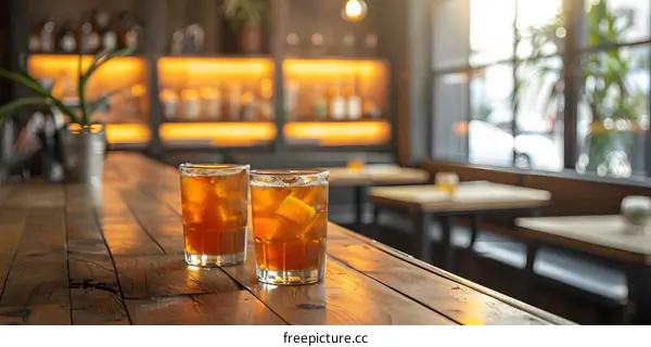 Two Glasses of Iced Tea on a Wooden Table in a Bar