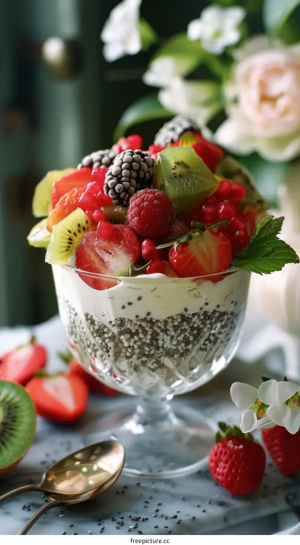 Chia seed pudding with fresh berries and kiwi