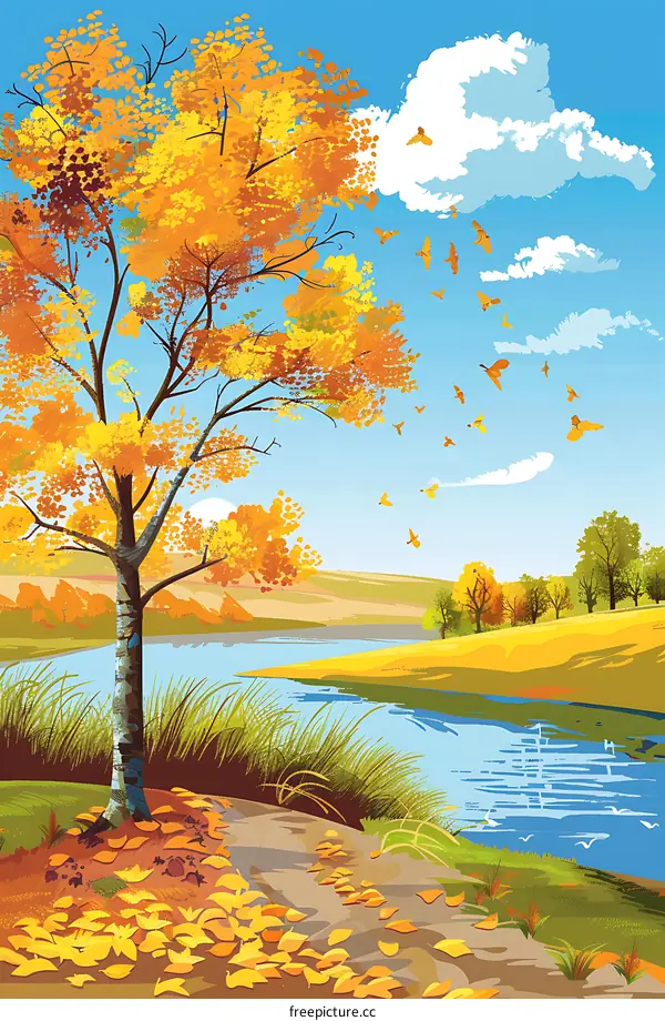 Autumn Landscape with Tree and River
