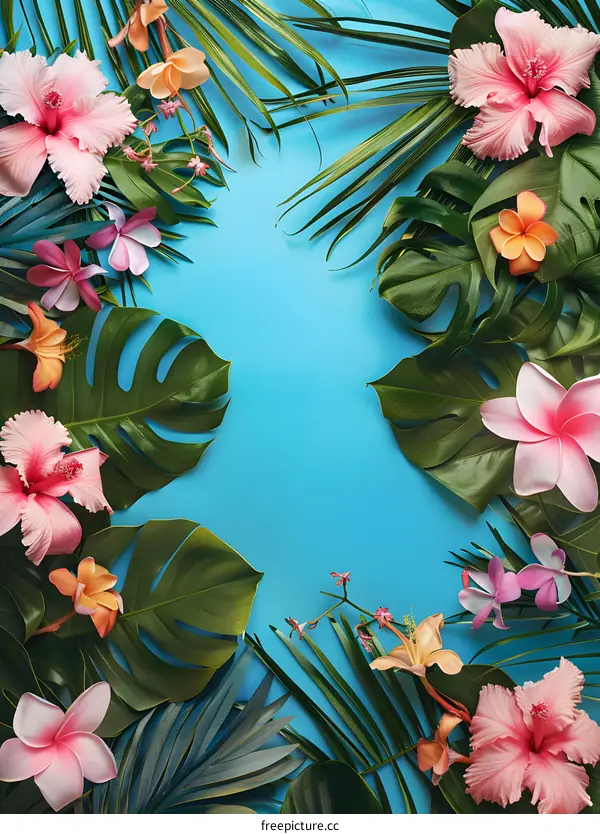 Tropical Leaves and Flowers on Blue Background