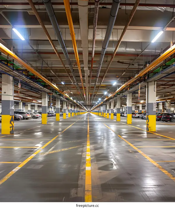 Underground Parking Garage with Yellow Lines and Pipes