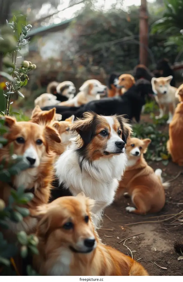 A group of dogs of different breeds are sitting in front of a rural fence
