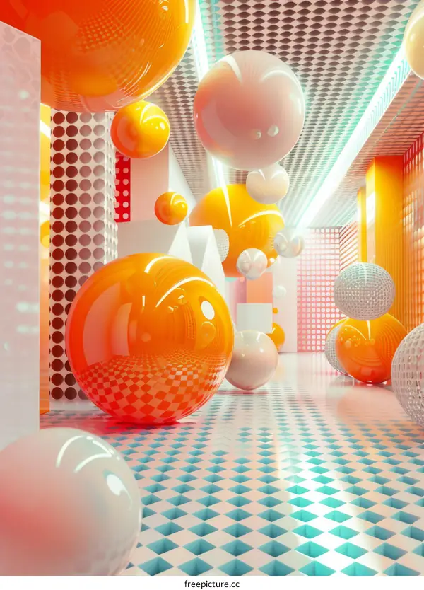 Surreal Interior with Floating Spheres and Checkered Floor