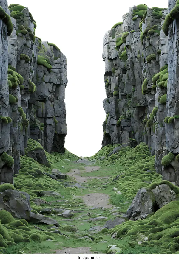 Green Mossy Pathway Between Rocky Cliffs